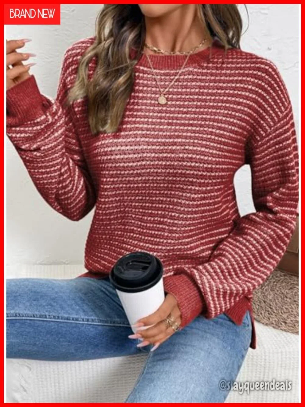 Women's Long Sleeve Crewneck Striped Side Split Pullover Sweater